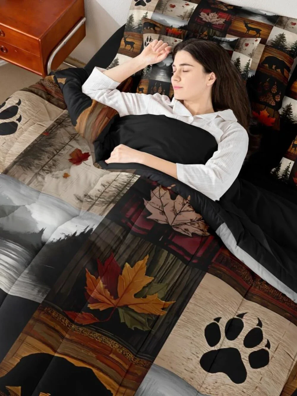 Bear Cabin Plaid Queen Comforter Set with Sheets 7 Piece Retro Hunting Deer Bed